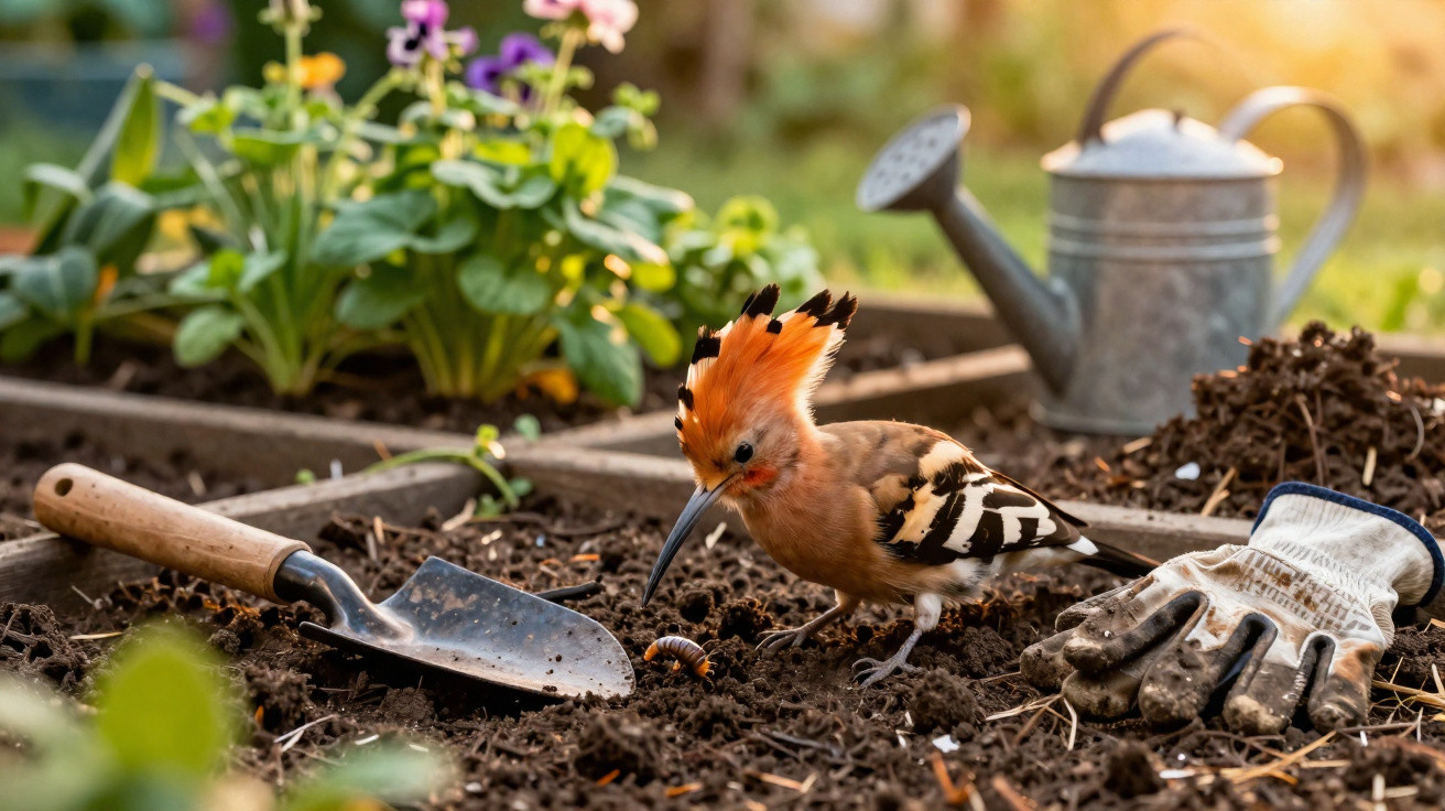 Hoopoe bird on soil near gardening tools including a trowel, gloves, and watering can in a garden bed.