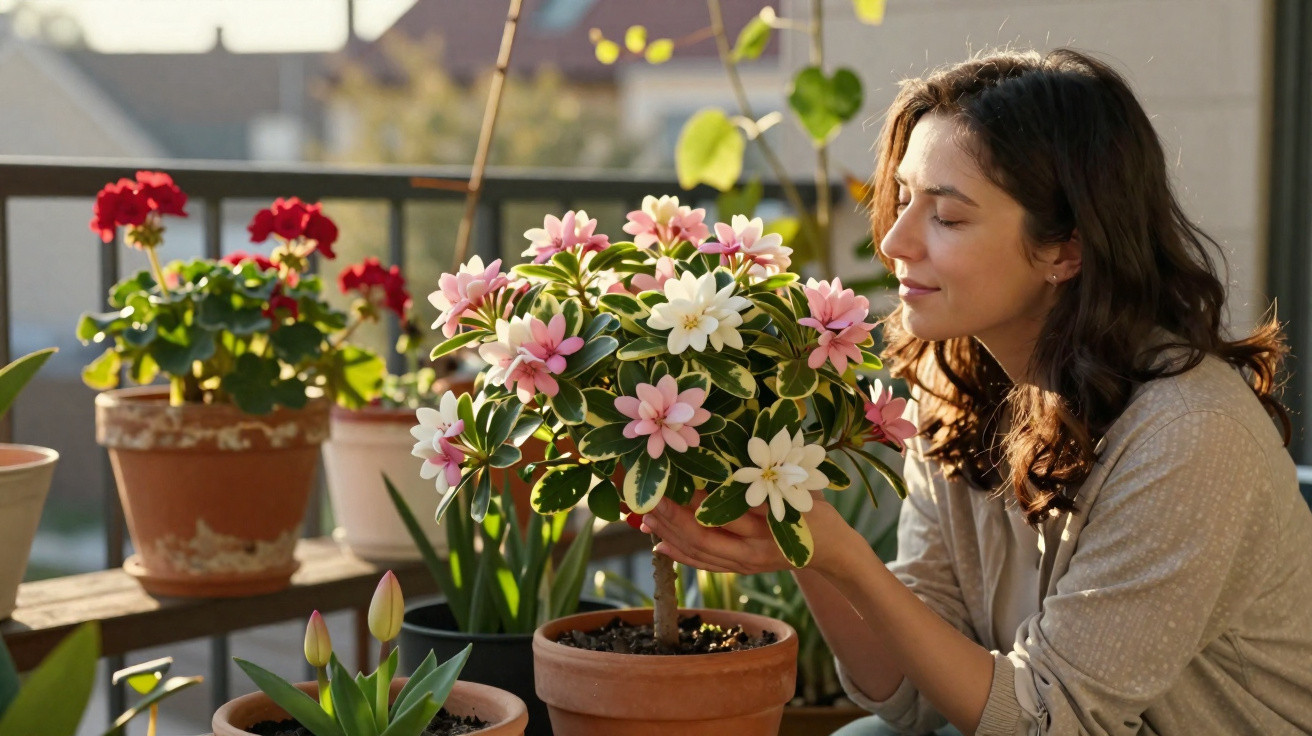 Woman enjoying the scent of pink and white flowers on a balcony with various potted plants in sunlight.