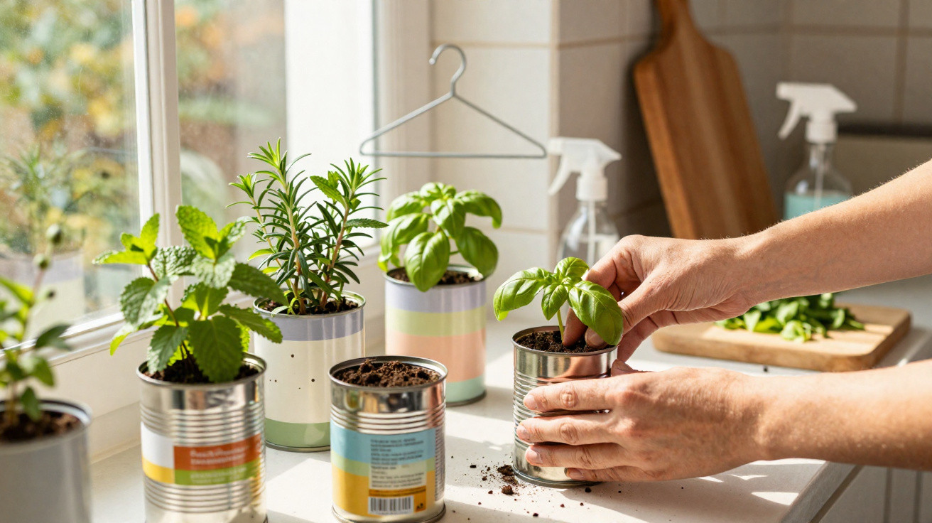 Hands potting fresh herbs in repurposed tin cans on a sunny windowsill with gardening tools nearby.