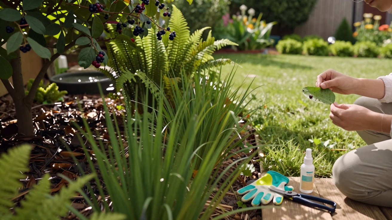 Person examining a leaf in a garden with gardening gloves, scissors, and spray bottle on a wooden board nearby.
