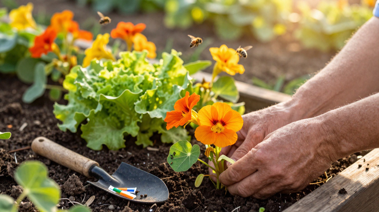 Hands planting orange flowers in a garden bed with bees flying nearby and gardening tools on the soil.