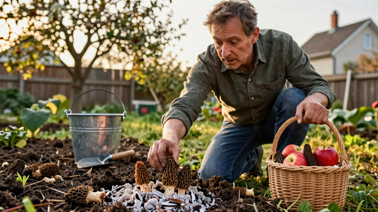 Man harvesting morel mushrooms in garden with basket of apples nearby on sunny day