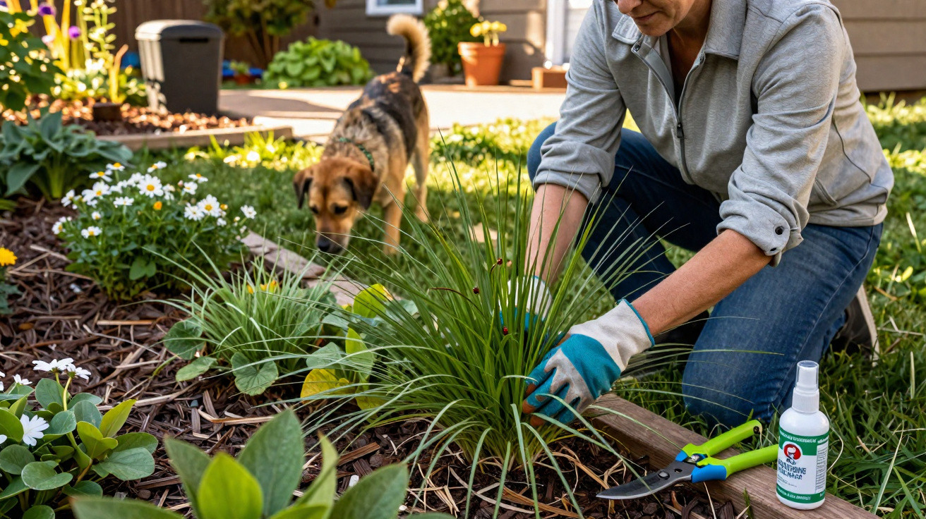 Person wearing gloves planting greenery in a garden bed while a dog sniffs nearby on a sunny day.