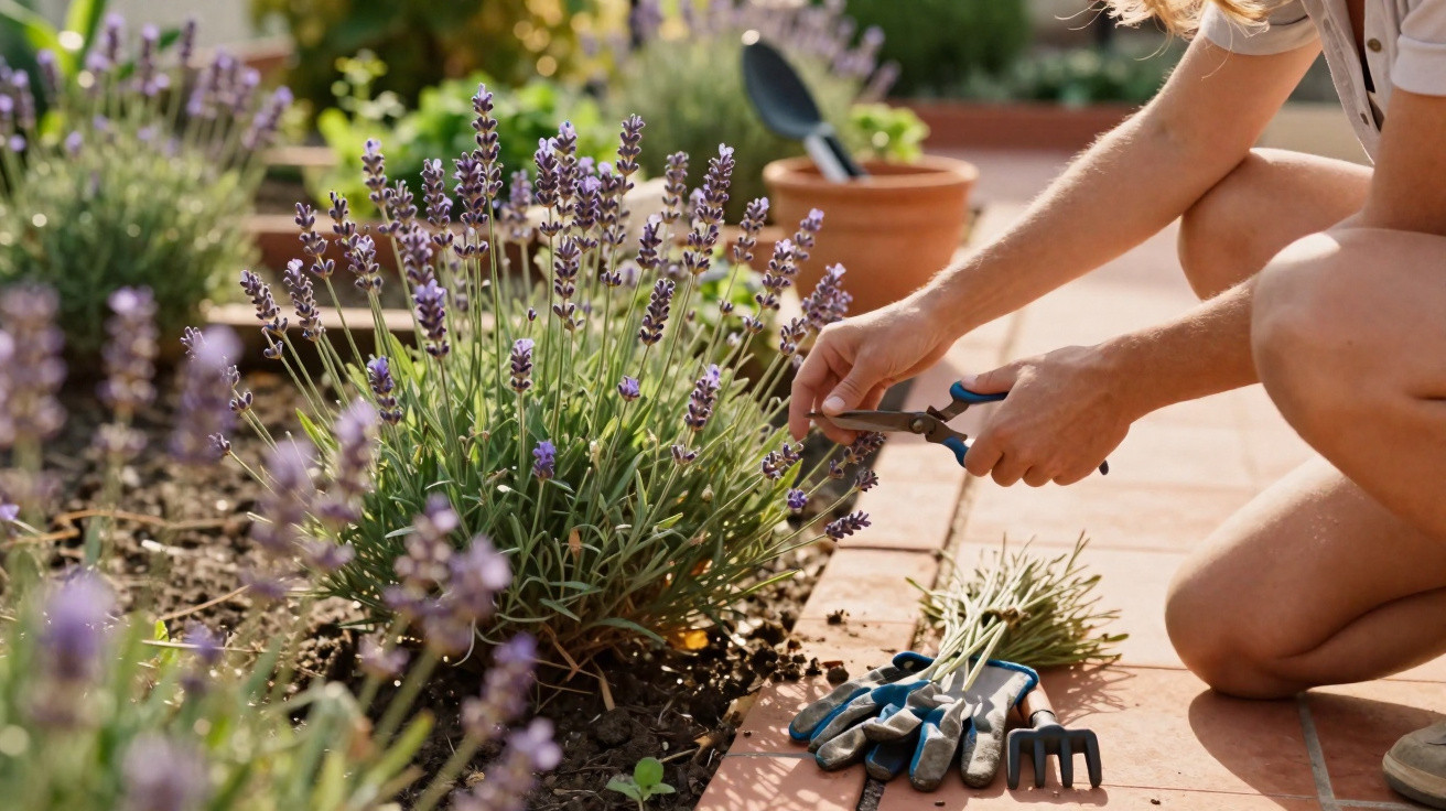 Person pruning lavender plants in a garden bed with gardening tools and gloves on a tiled patio.