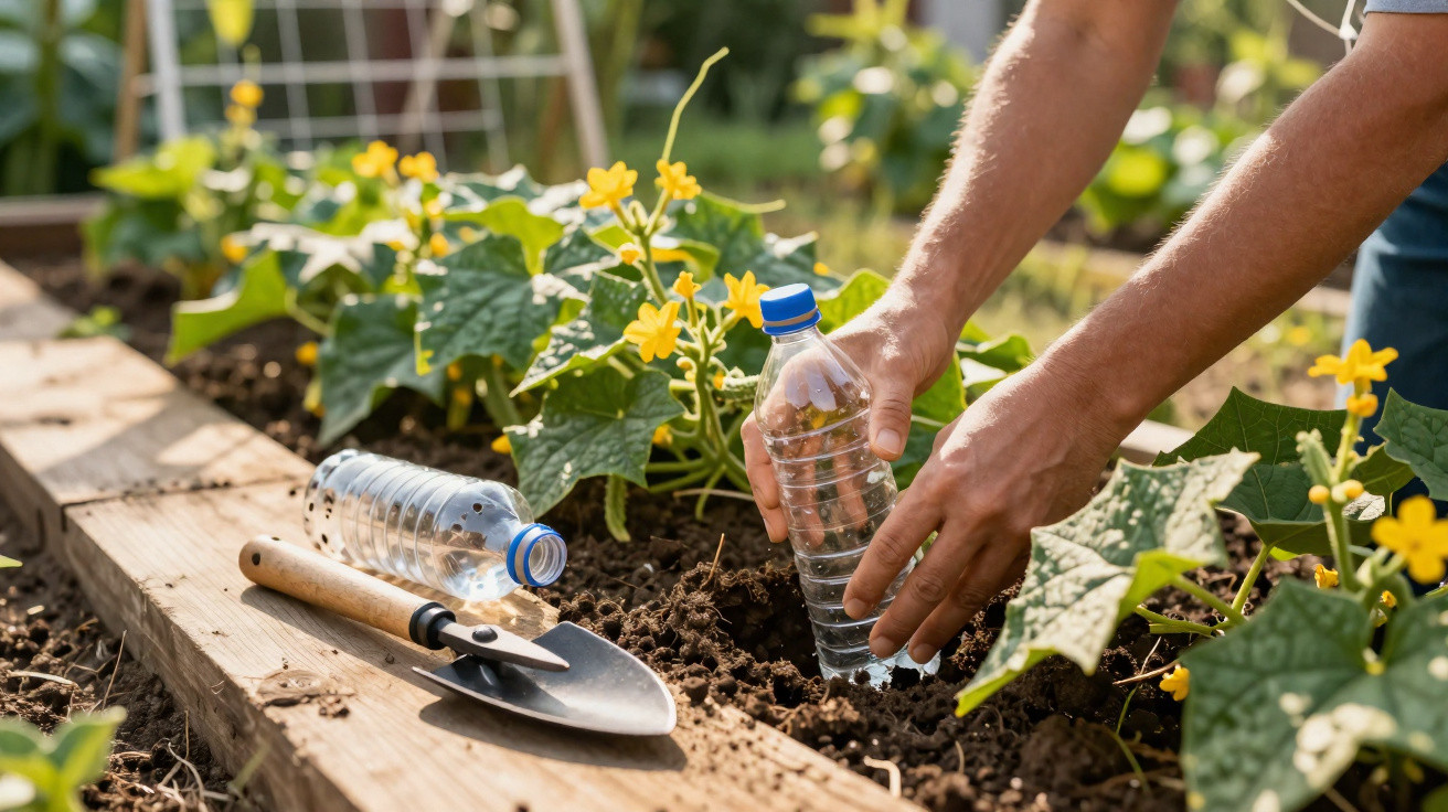 Hands planting a plastic bottle in soil beside yellow-flowered plants and a garden trowel on wooden raised bed.