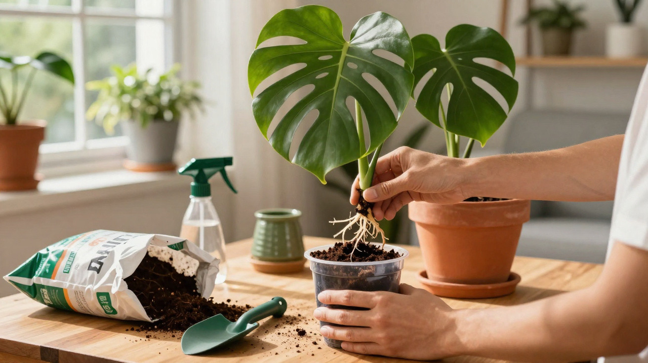 Person repotting a monstera plant with visible roots at a wooden table with potting soil and tools.