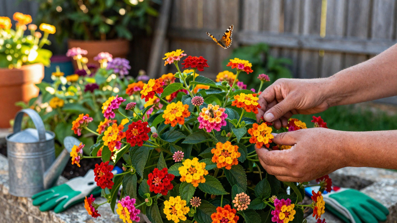 Person tending colourful lantana flowers in a garden with a butterfly flying nearby and gardening tools nearby