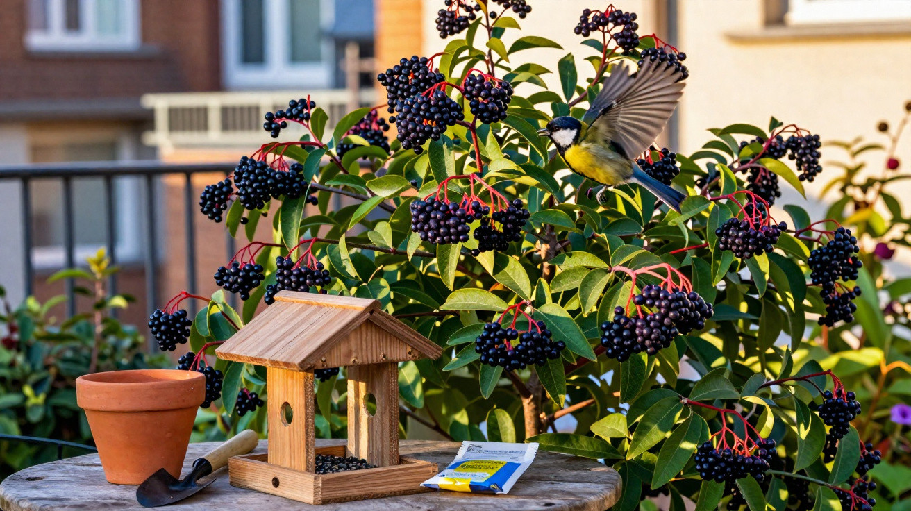 Blue tit bird flying near a wooden bird feeder on a table with a berry bush and gardening tools nearby.
