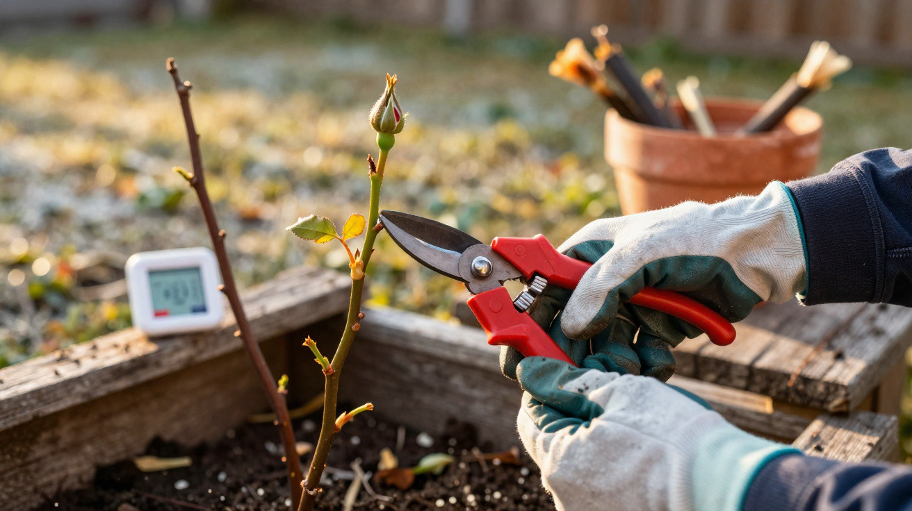 Gloved hands pruning a young rose plant with red garden shears in a raised wooden garden bed.