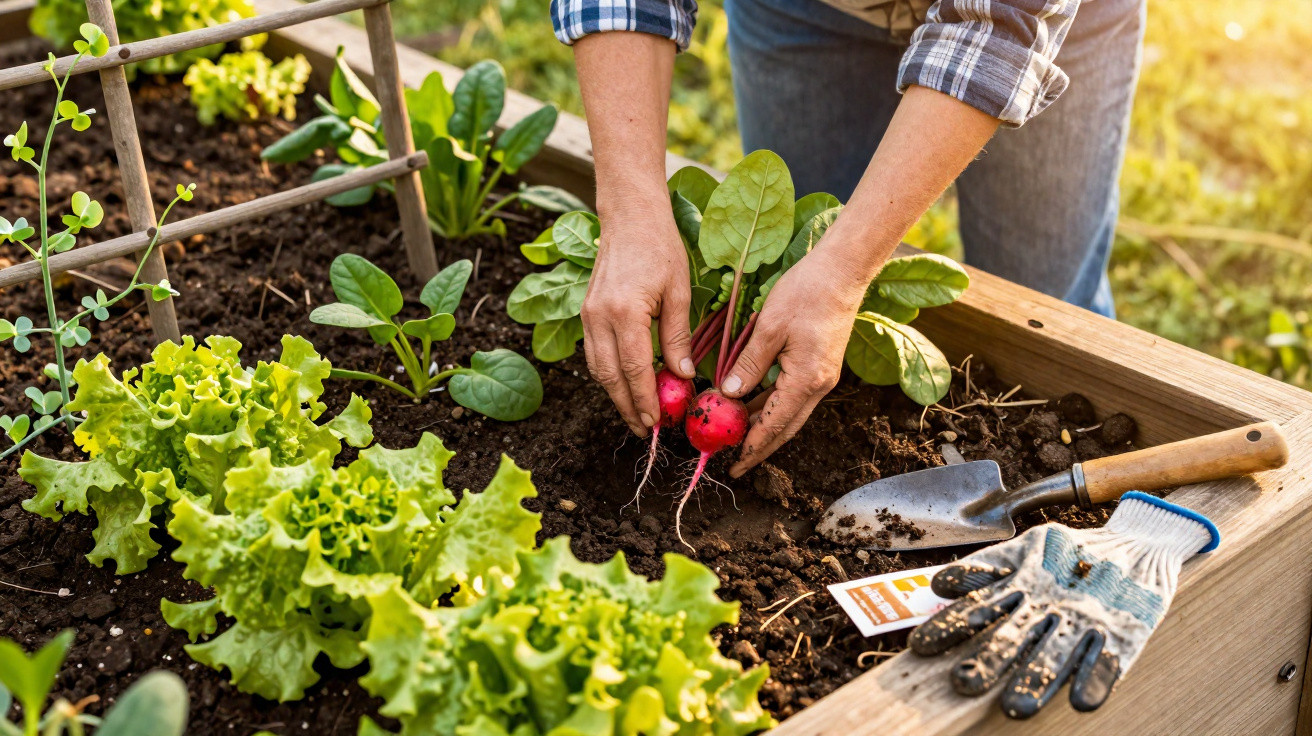 Hands harvesting fresh radishes from a raised garden bed with lettuce and gardening tools nearby.