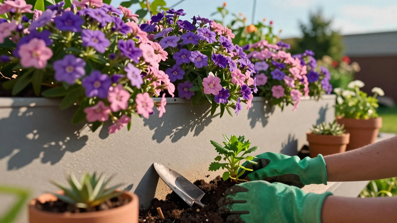Person wearing green gloves planting a small green plant in soil with purple and pink flowers in the background.