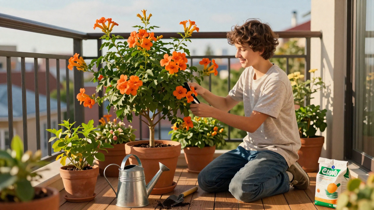 Child pruning vibrant orange flowers on a balcony garden with potted plants and gardening tools.