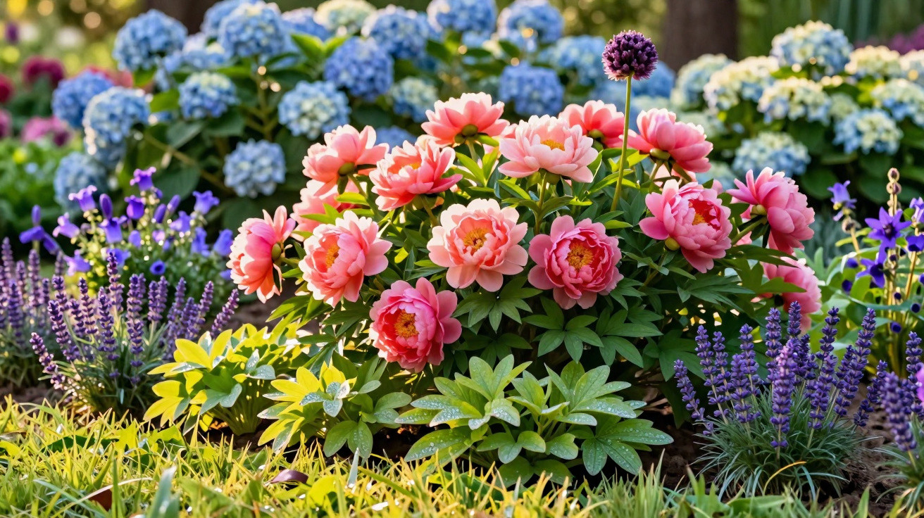 Vibrant garden with pink peonies, purple lavender, blue hydrangeas, and lush green foliage in daylight.