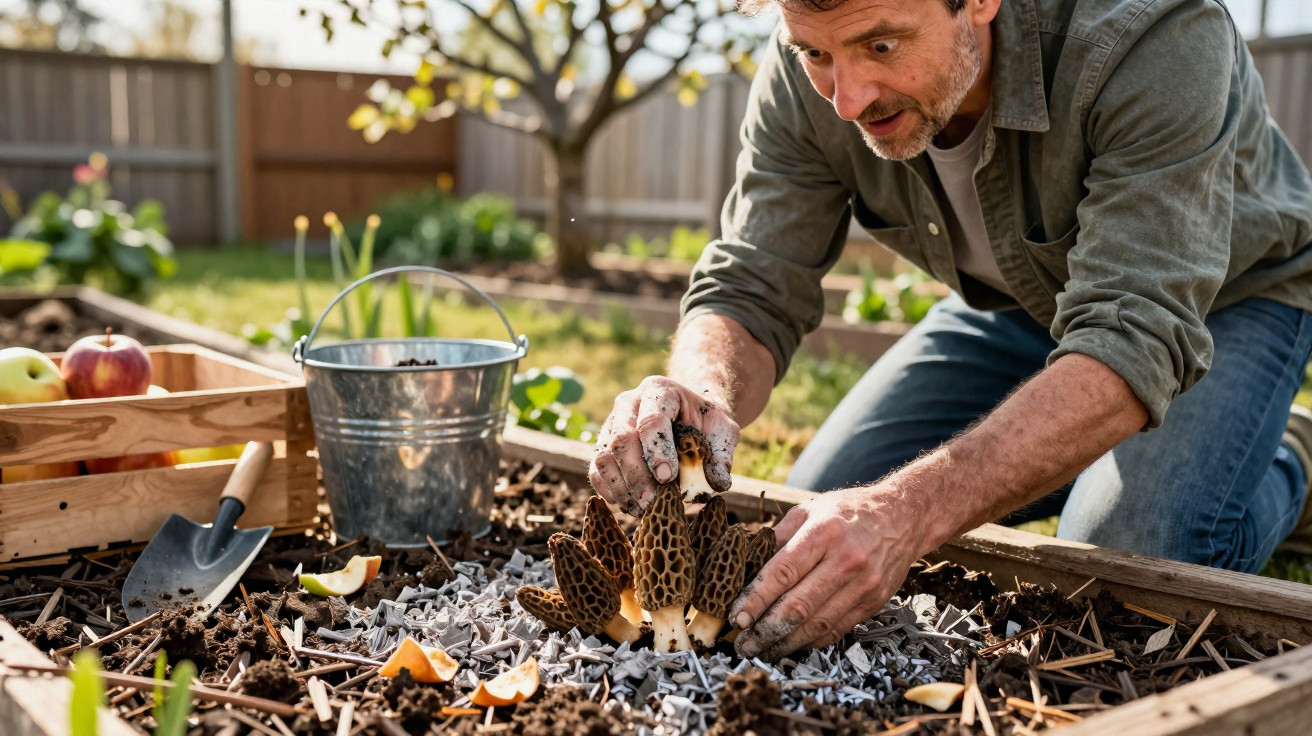 Man harvesting morel mushrooms in a garden bed with gardening tools and apples nearby on a sunny day.