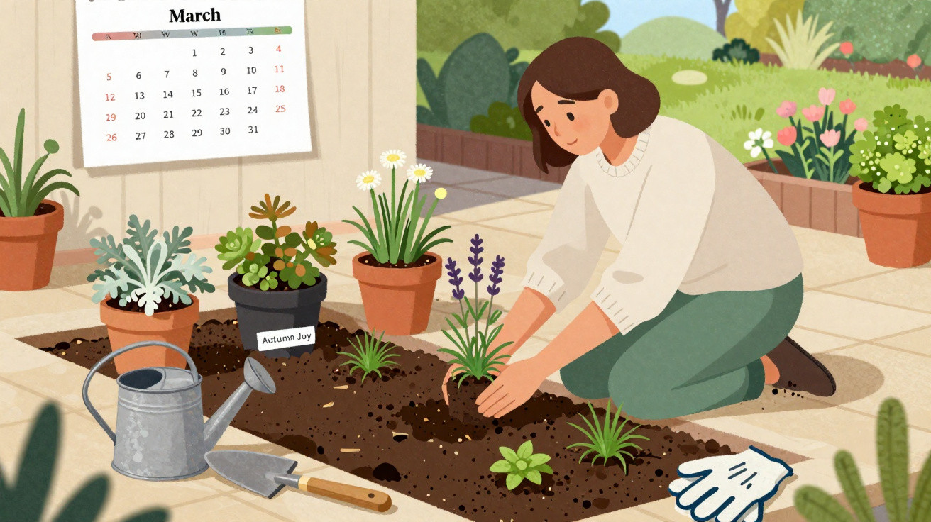 Woman gardening in a small outdoor bed with potted plants, watering can, gloves, and a March calendar on the wall.