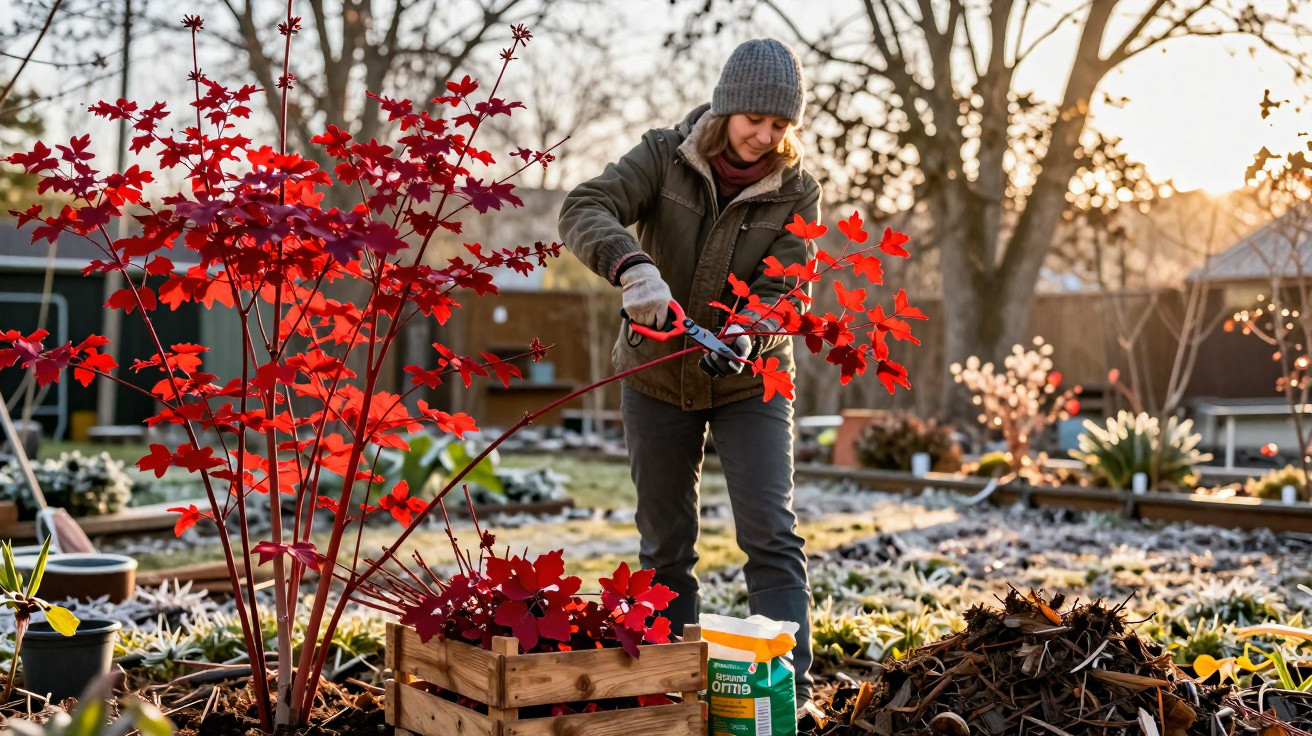 Person in winter clothing pruning a vibrant red plant in a frosty garden at sunrise.