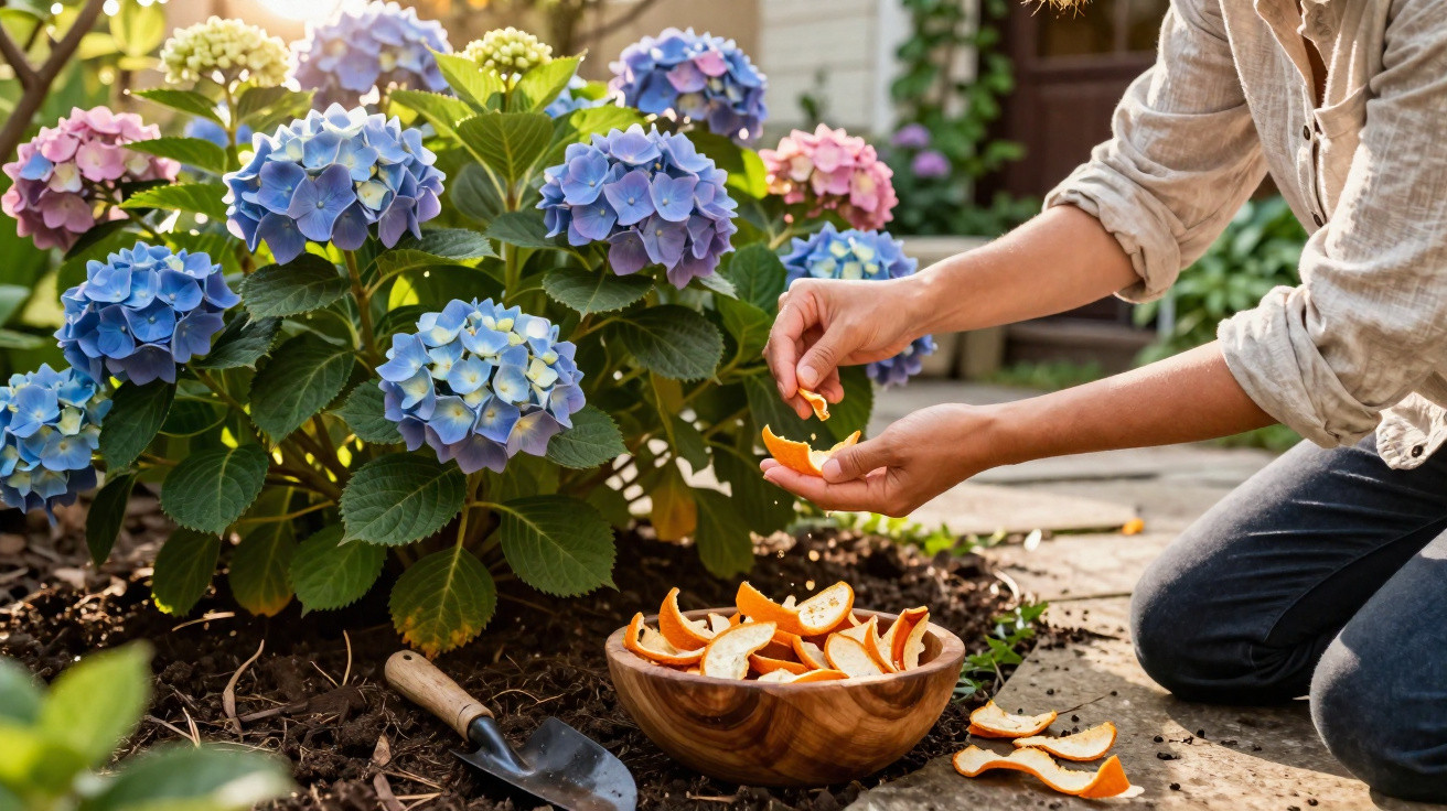Person kneeling by colourful hydrangea bushes, holding orange peel pieces above a wooden bowl in a garden.