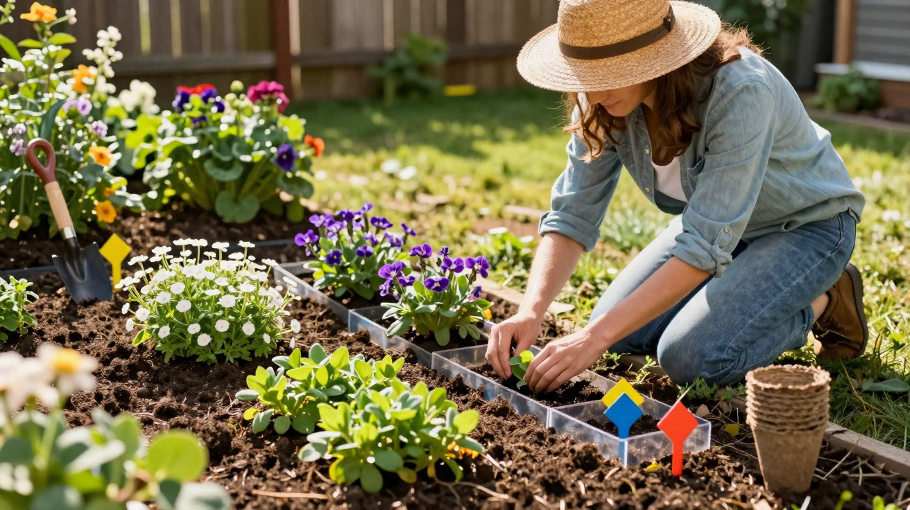 Woman wearing a straw hat planting flowers in a garden bed surrounded by colourful blossoms and gardening tools.