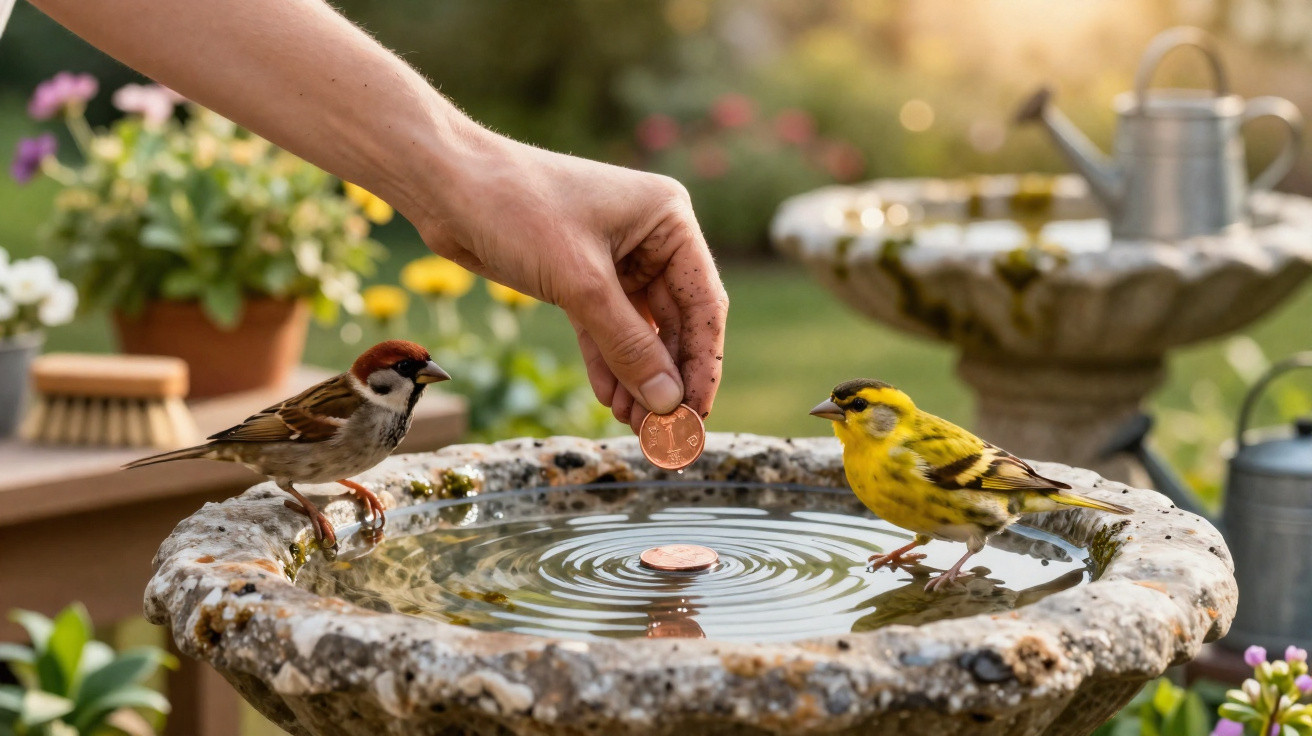 Hand dropping a coin into a birdbath with a yellow and a brown bird perched on its edge in a garden.