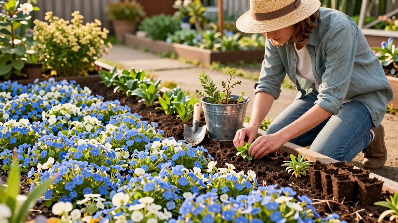 Person wearing a straw hat planting flowers in a garden bed beside blue and white pansies.