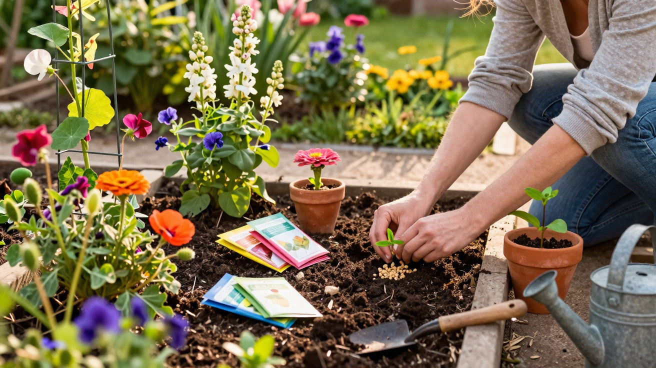 Person planting seeds in a garden bed surrounded by colourful flowers and gardening tools.