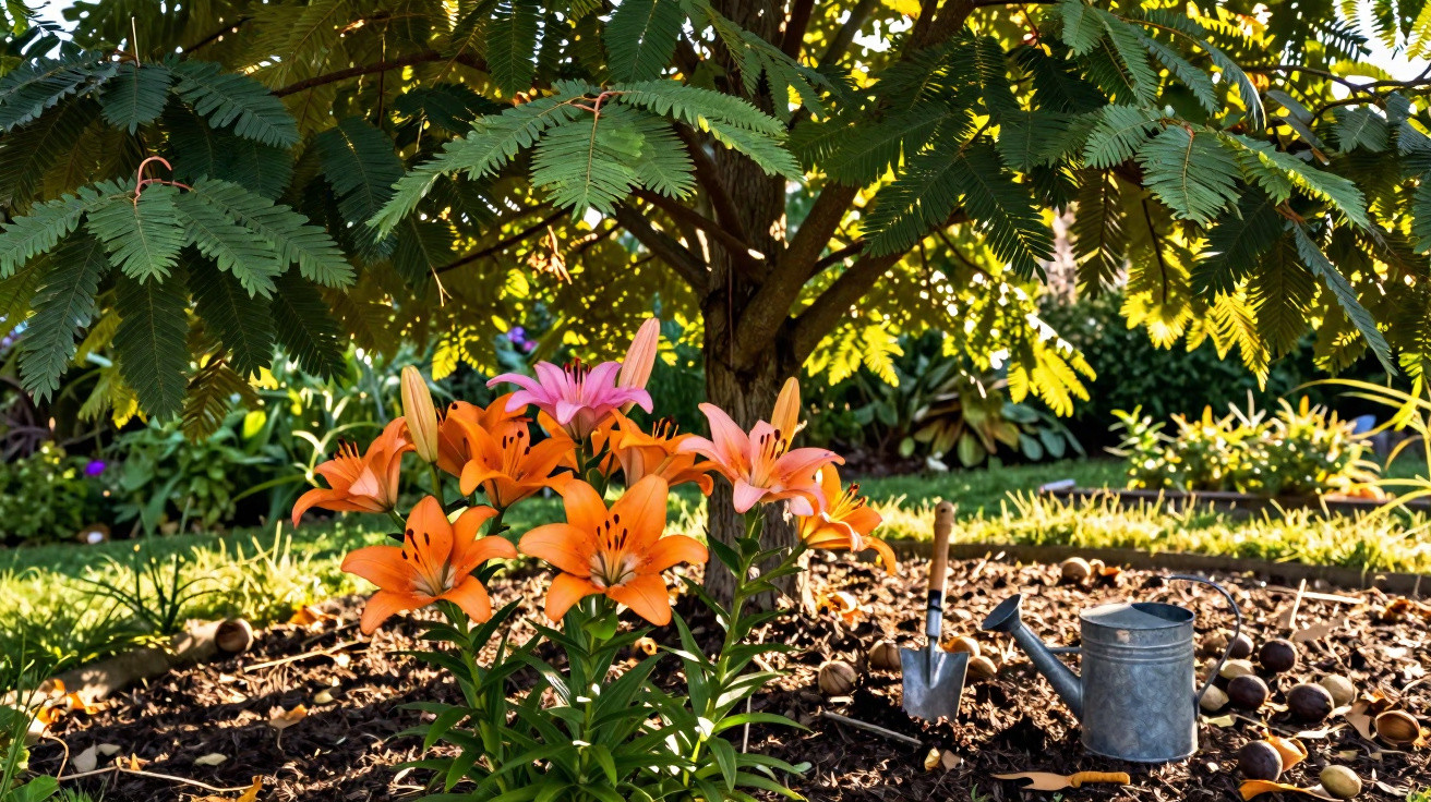 Orange and pink lilies blooming under a tree beside a small shovel and metal watering can in a garden bed.