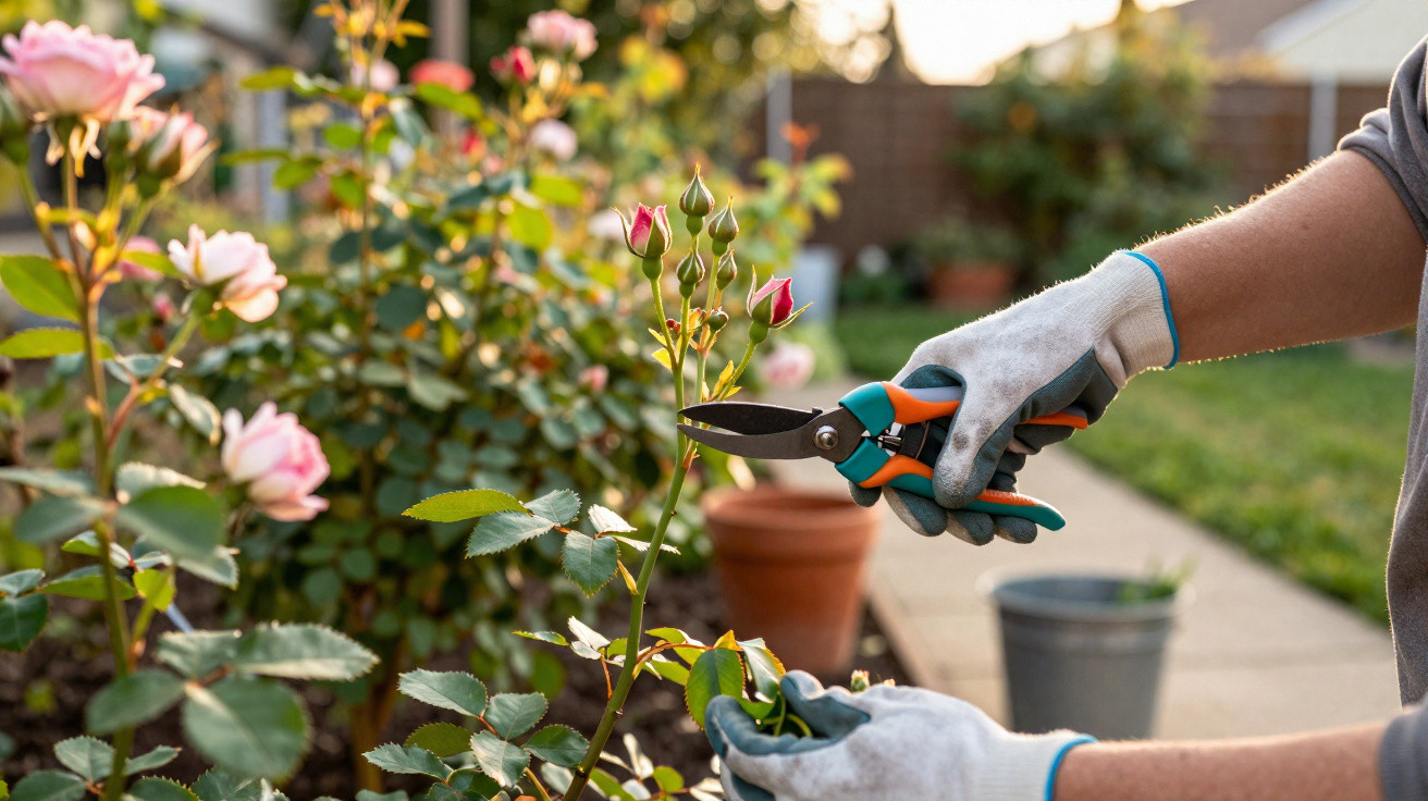 Gloved hands pruning rosebuds with garden shears in a sunny garden with potted plants.