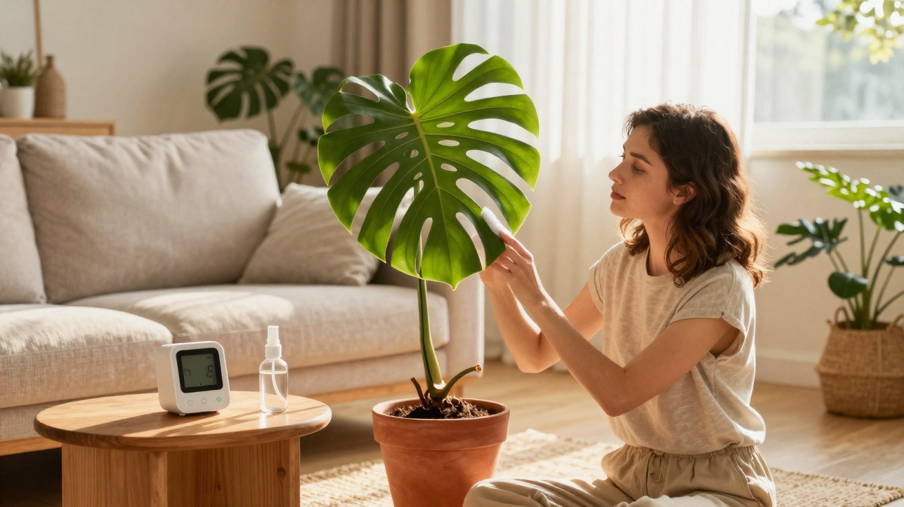 Woman caring for a large Monstera plant in a bright, cosy living room with natural light.