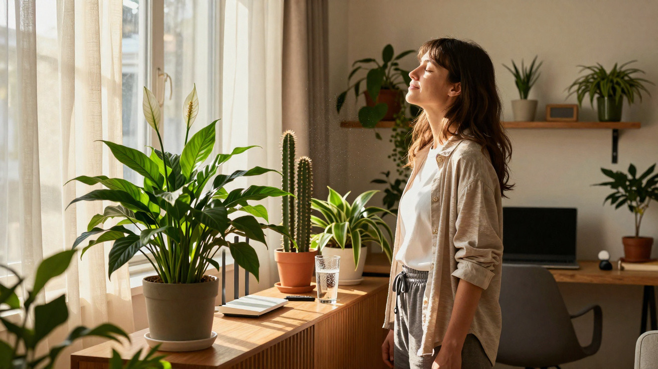 Woman enjoying sunlight in a plant-filled room beside a window with sheer curtains and wooden furniture.