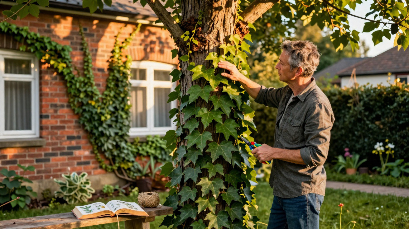 Man trimming ivy growing on a tree trunk in a garden beside a brick house at golden hour.