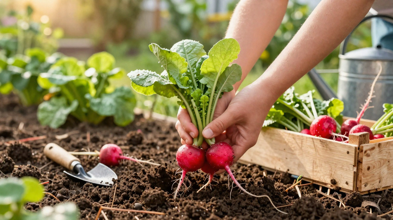 Hands harvesting fresh radishes from soil in a garden with a wooden crate and watering can nearby.