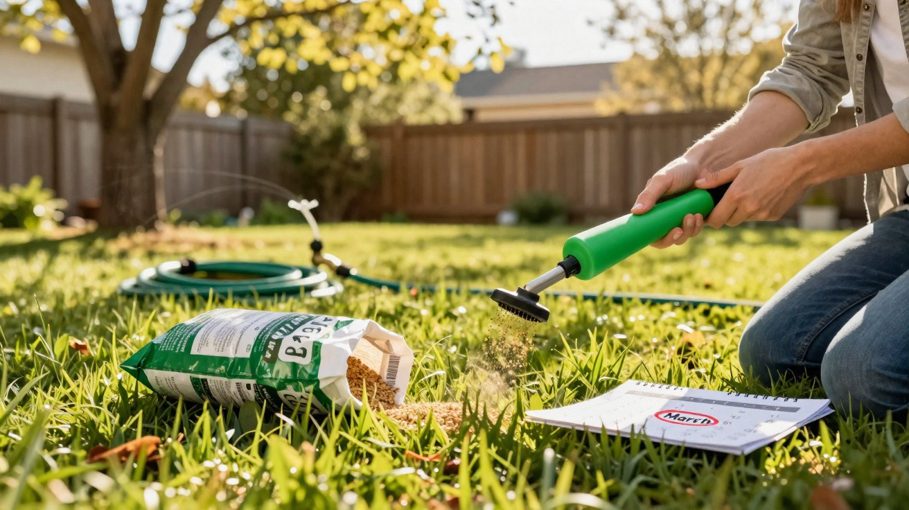 Person kneeling on grass spreading fertiliser in a sunny garden with a hose and instruction sheet nearby.