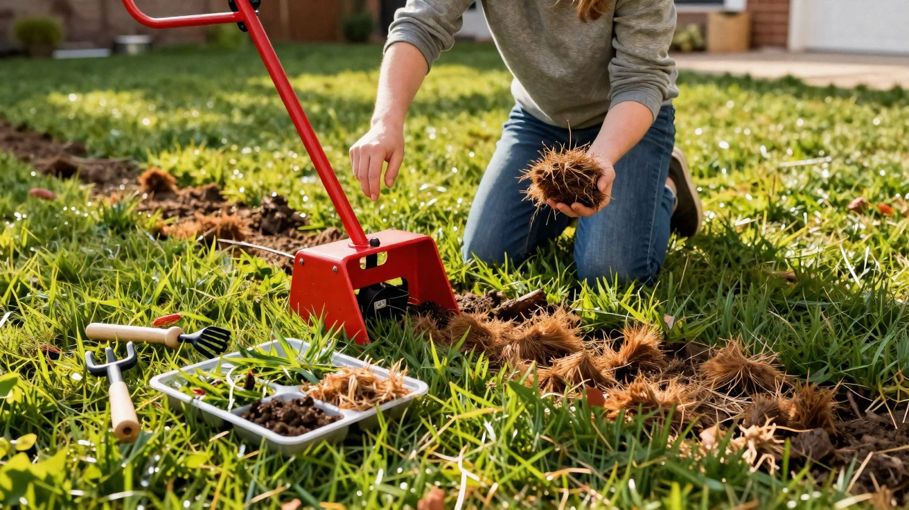 Person kneeling on grass using a tool to remove spiky weed roots, with gardening tools and tray nearby.