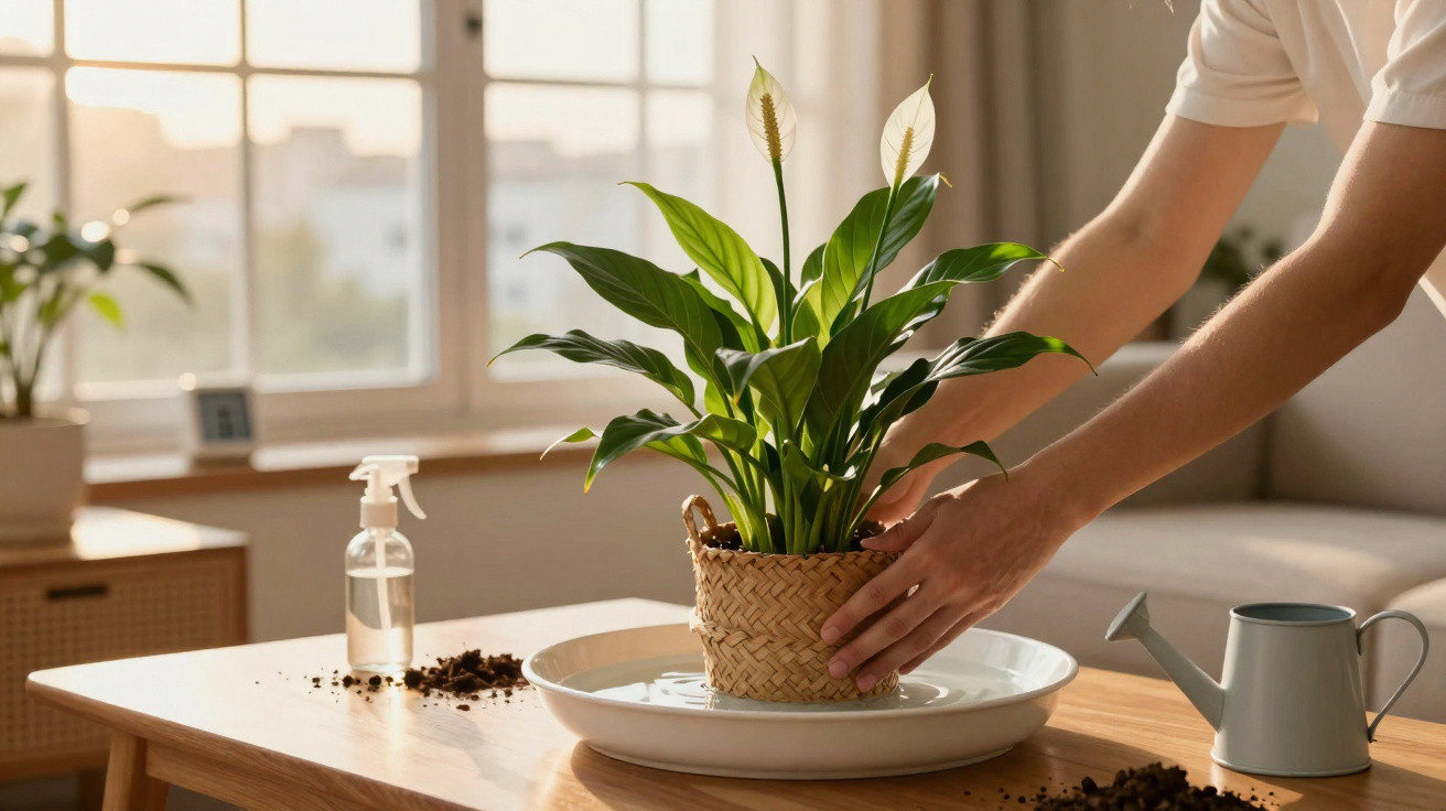 Hands placing a potted peace lily plant in a water tray on a wooden table with gardening tools nearby.