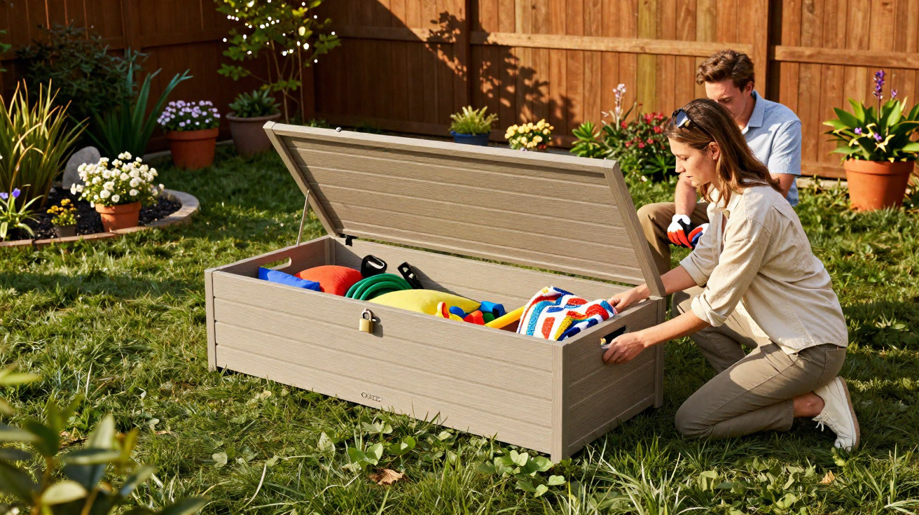 Couple organising colourful garden toys inside a large beige outdoor storage box on a sunny lawn.