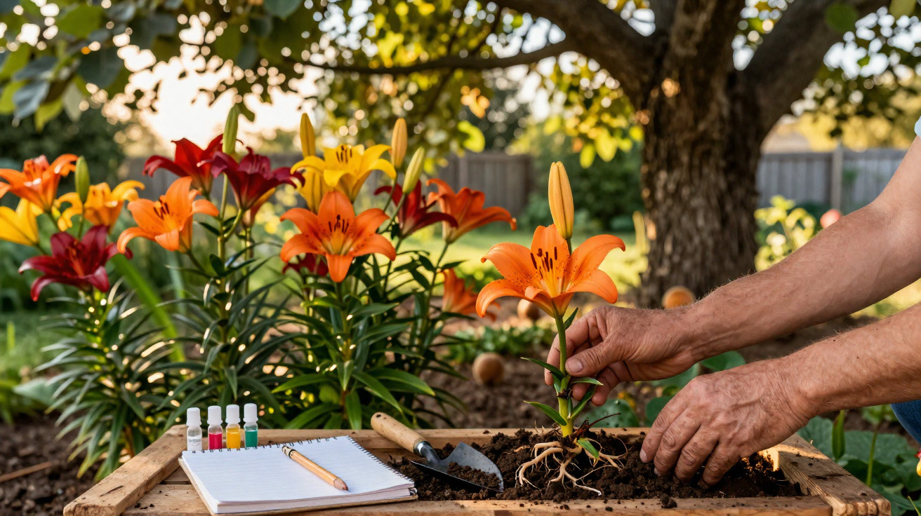 Hands planting an orange lily with gardening tools, notebook, and colourful plant dyes on a wooden surface outdoors.
