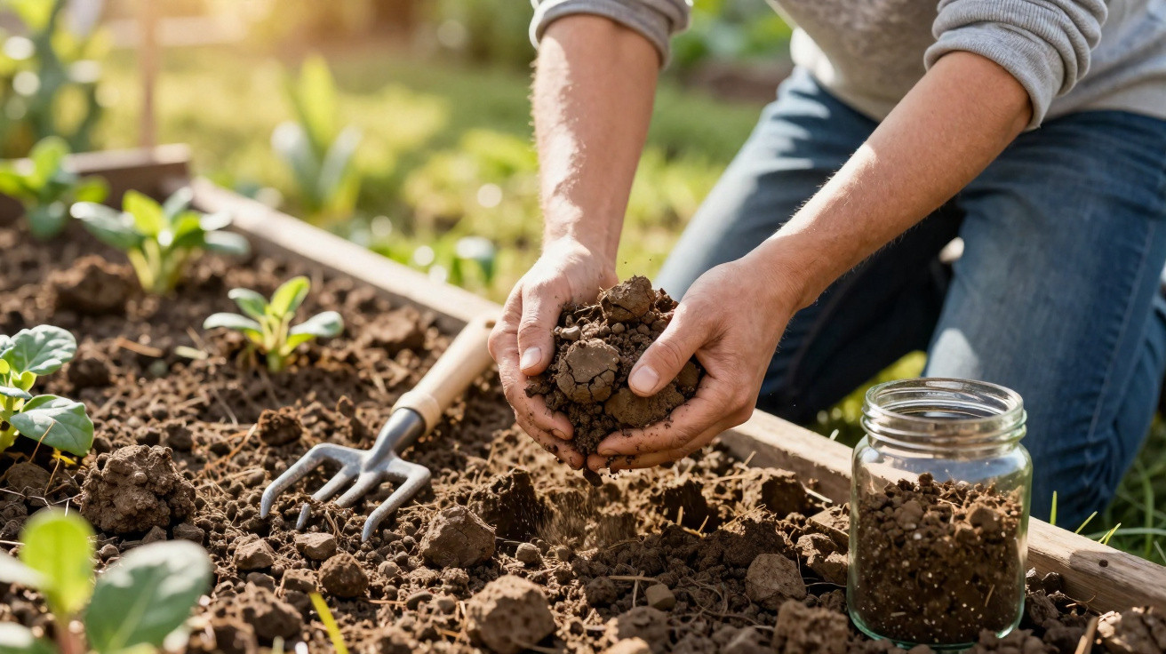 Person holding soil over a garden bed with seedlings, garden fork, and a jar of soil nearby in sunlight.