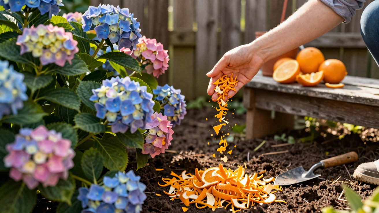 Person sprinkling orange peels onto soil near colourful hydrangea flowers in a garden.