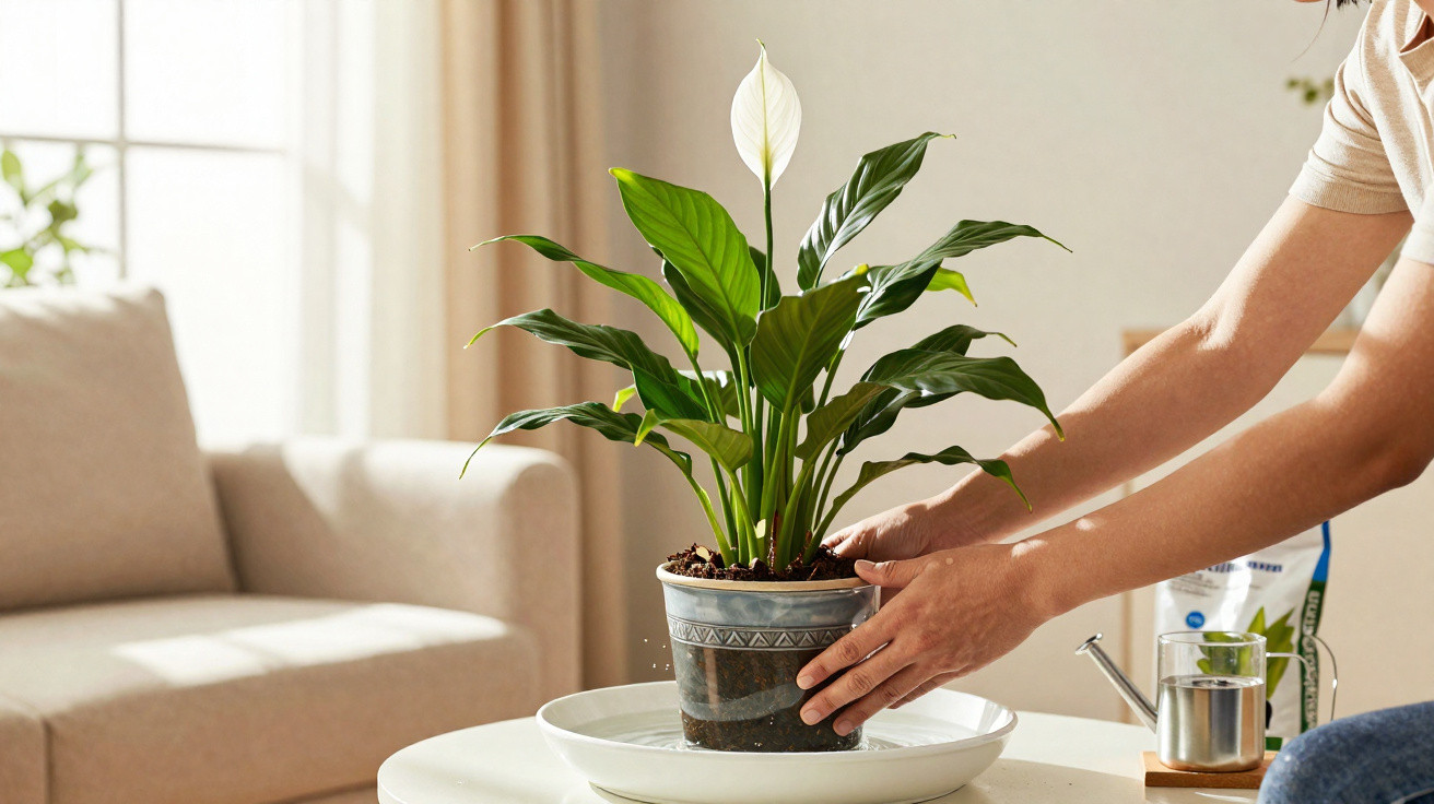 Person placing a healthy peace lily plant in a decorative pot on a white table indoors near a sofa.