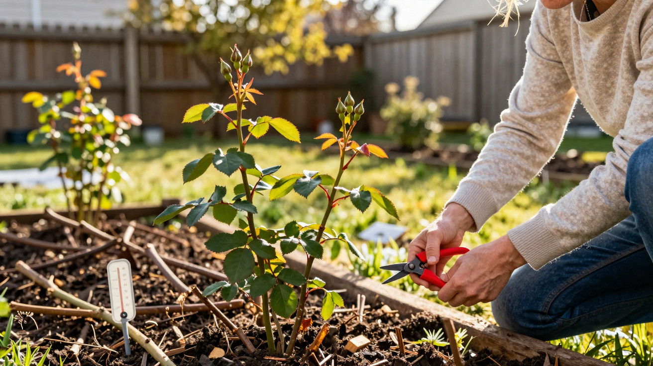 Person pruning young rose bush with red garden shears in a sunny backyard garden bed.