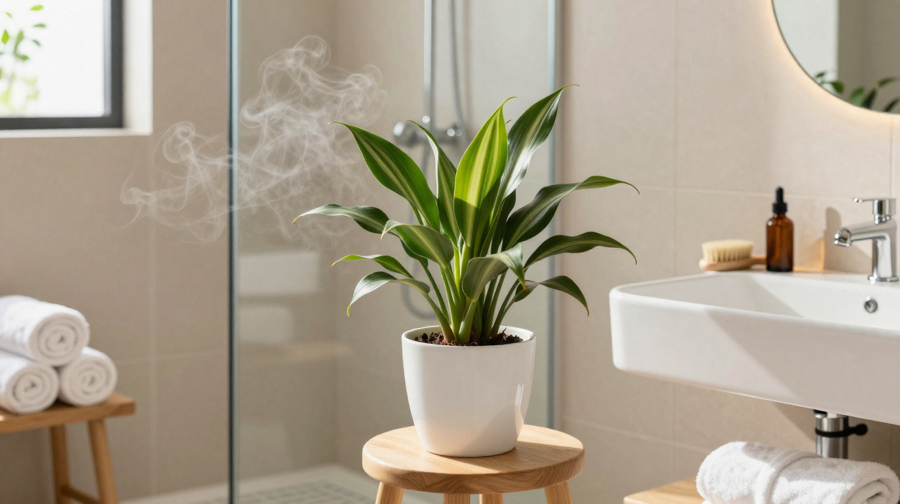 Green potted plant on wooden stool in a bright, modern bathroom with rolled towels and a sink nearby.