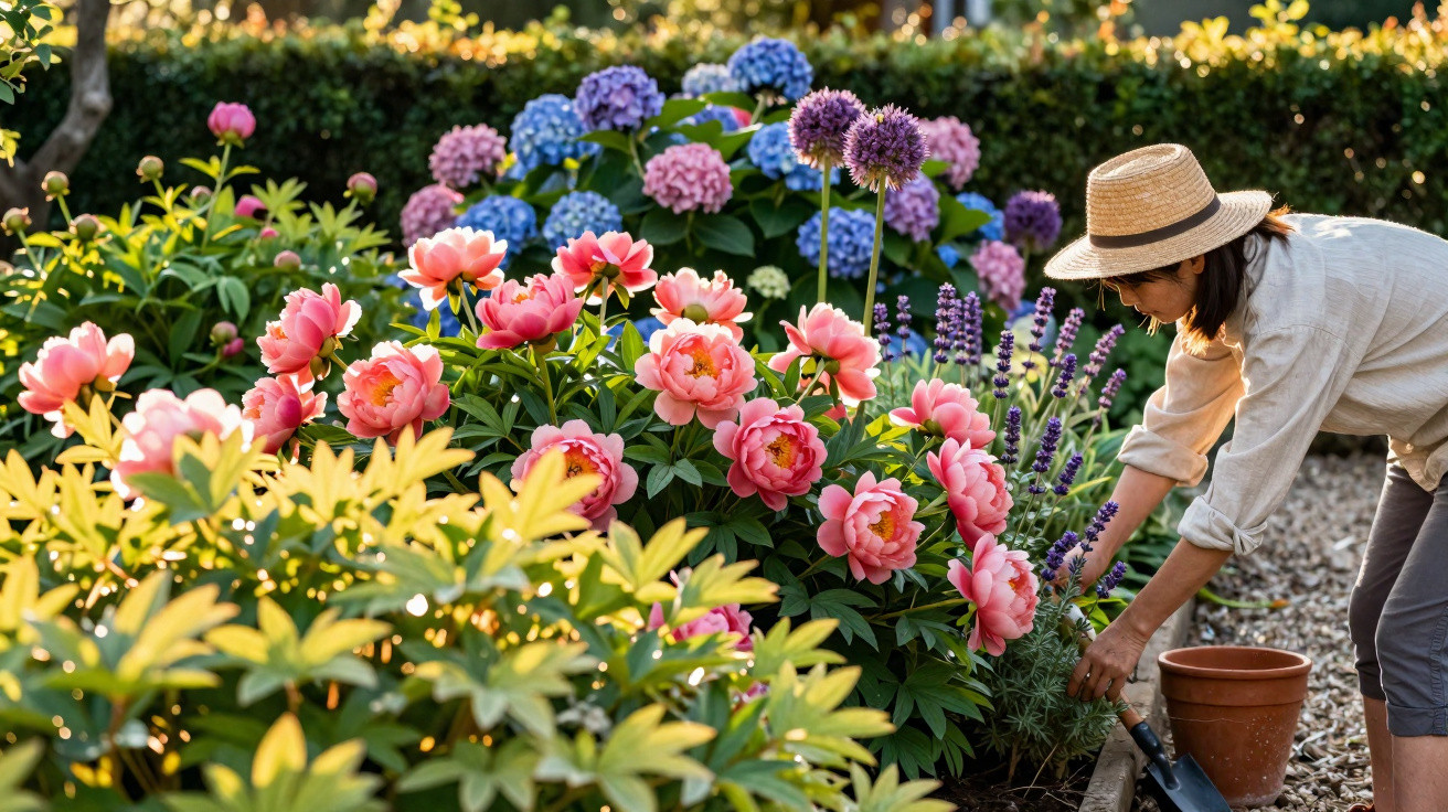 Person wearing a straw hat tending to a vibrant garden with pink, blue, and purple flowers on a sunny day.