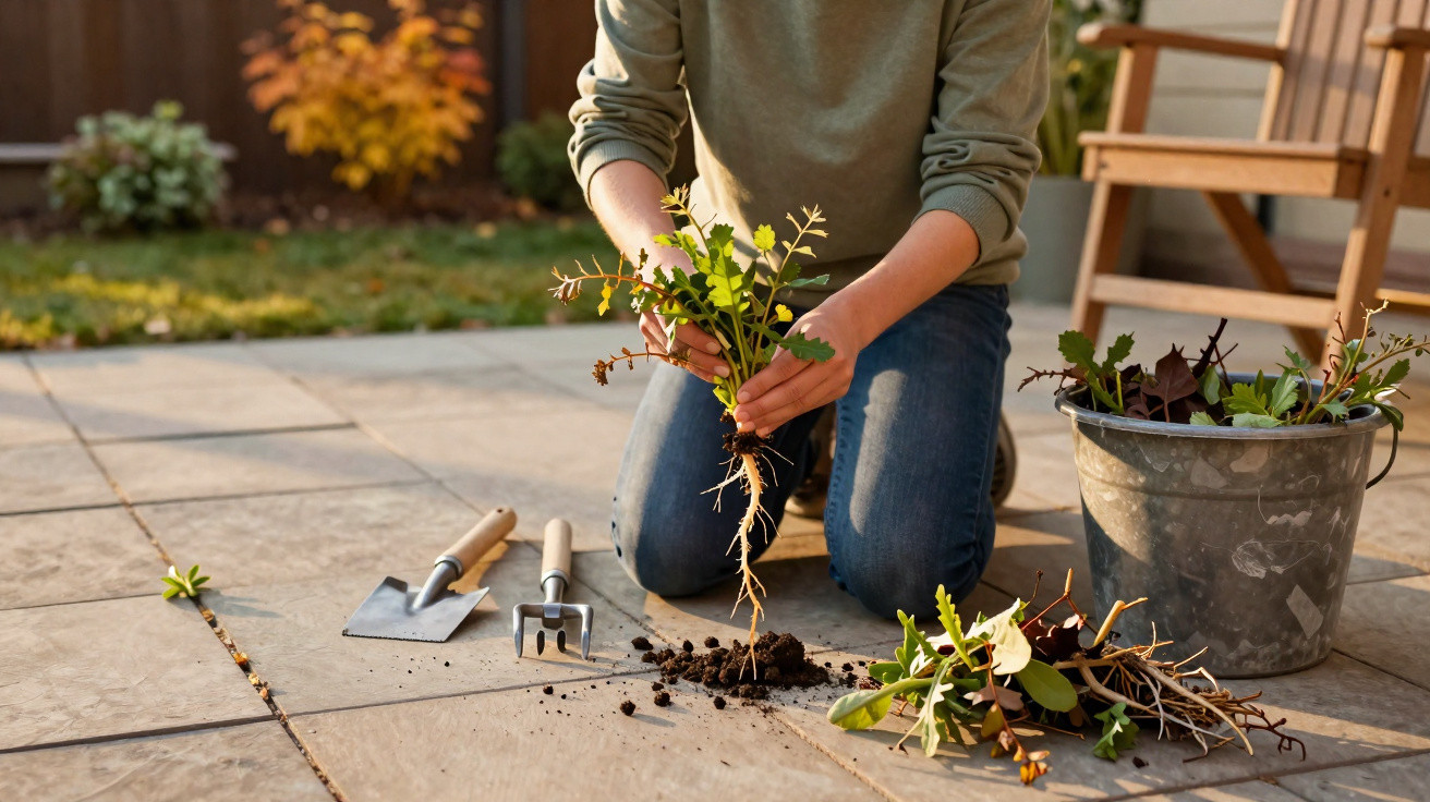 Person kneeling on a patio pulling weeds with gardening tools and a bucket of plants nearby.