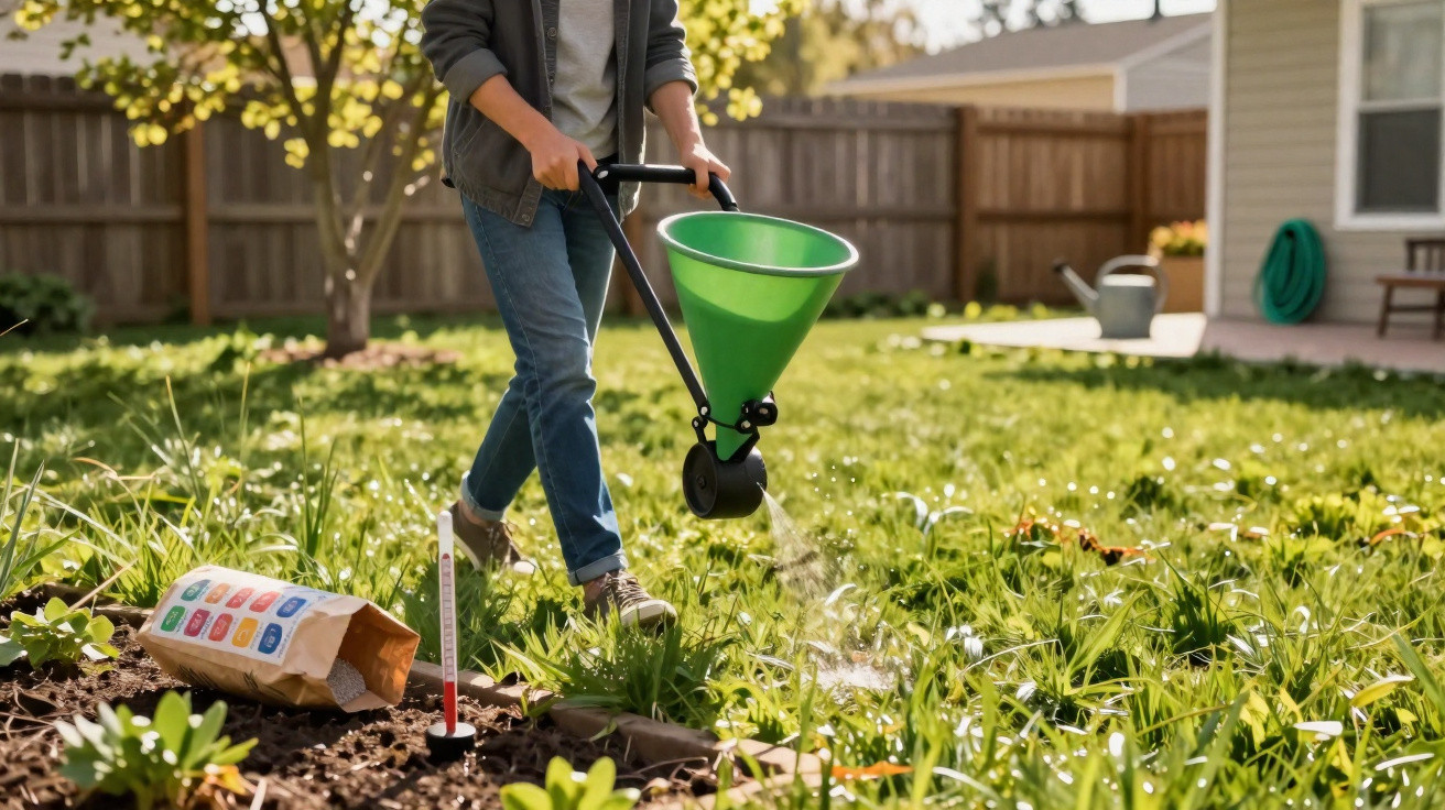 Person spreading fertiliser on a garden lawn using a green handheld spreader on a sunny day.