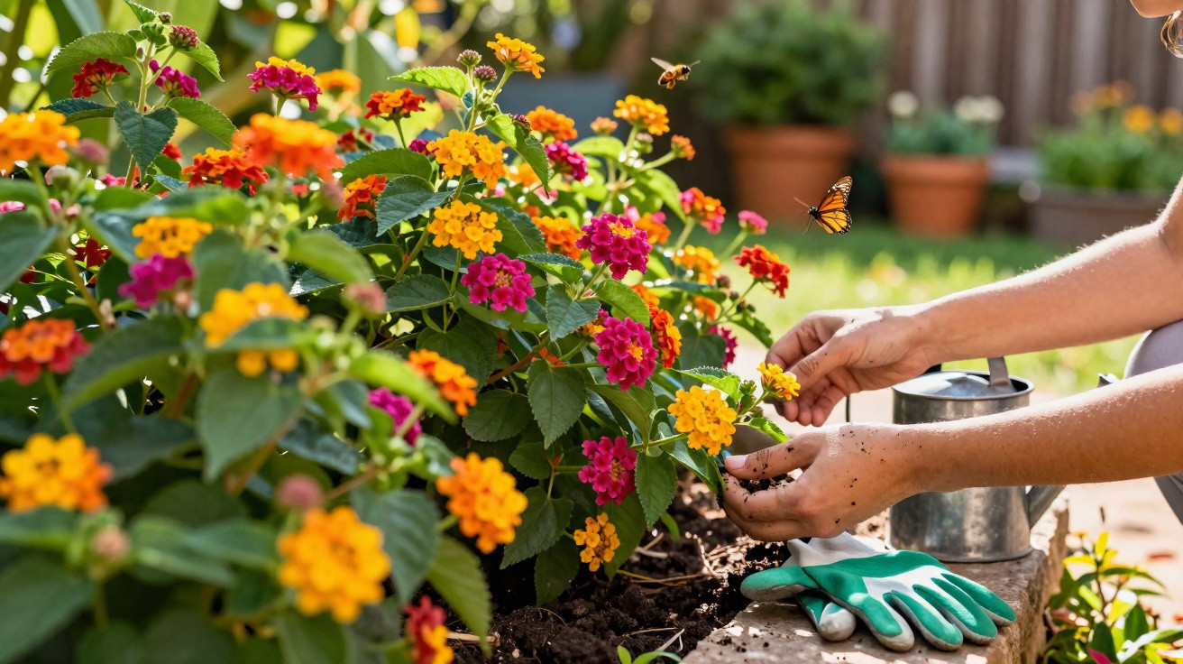 Hands tending colourful lantana flowers in a garden with a watering can, gloves, and a butterfly nearby.