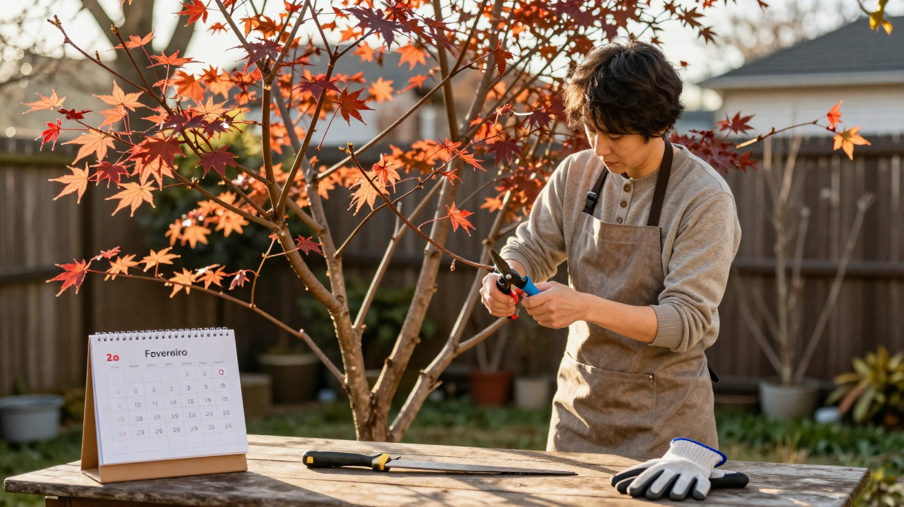 Person pruning a small tree with red leaves in a garden beside a February desk calendar.