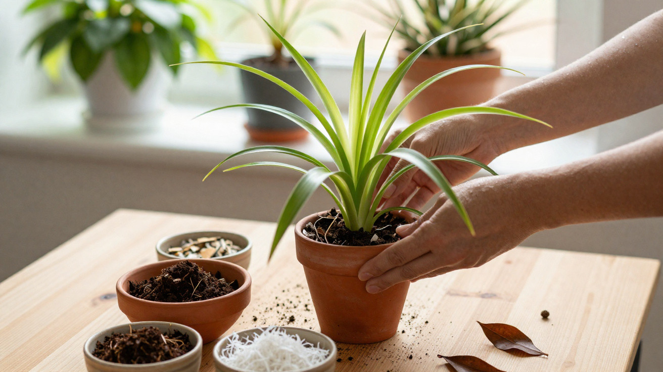 Person repotting a green spider plant in a terracotta pot on a wooden table with gardening supplies.