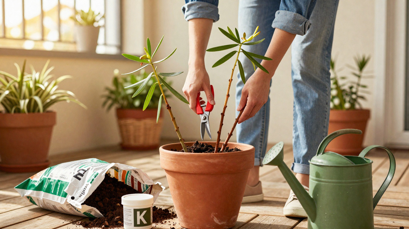 Person pruning a succulent plant in a terracotta pot on a wooden floor with gardening tools nearby.
