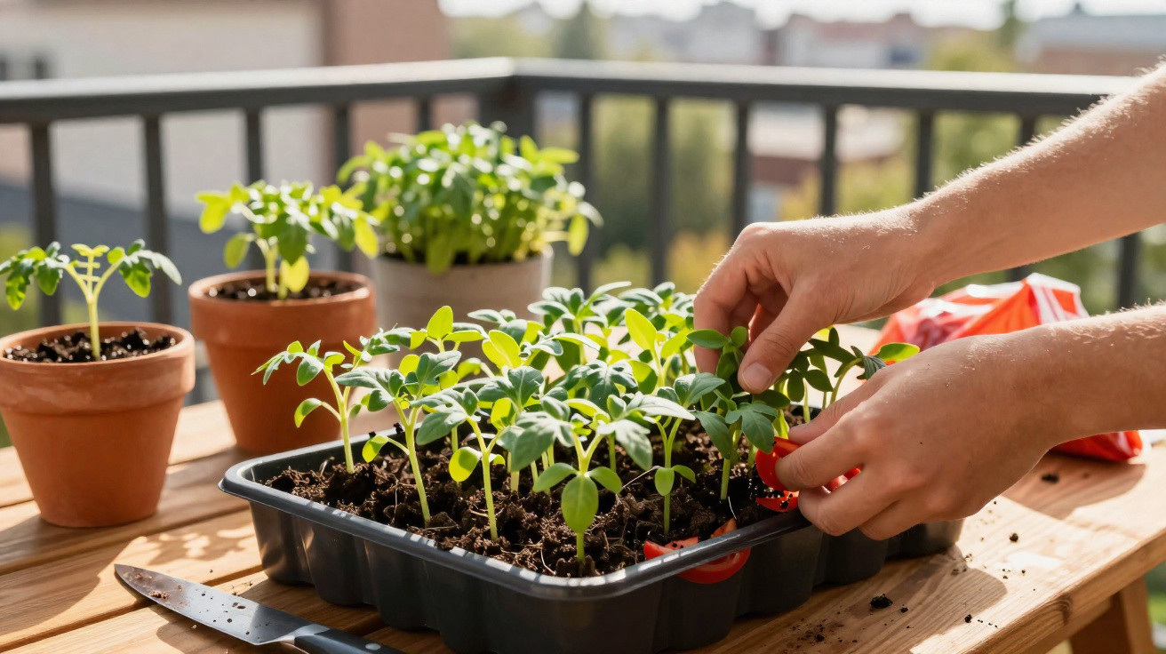 Hands tending young seedlings in a black tray on a wooden balcony table with potted plants in the background.