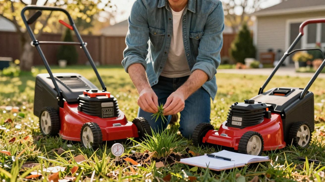 Person kneeling in a garden between two red lawnmowers, inspecting grass with a clipboard on the ground.